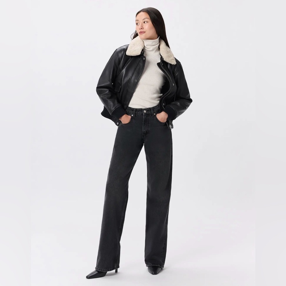 Quince Black 100% Leather Shearling Trim Aviator Jacket Bomber - Picture 3 of 12